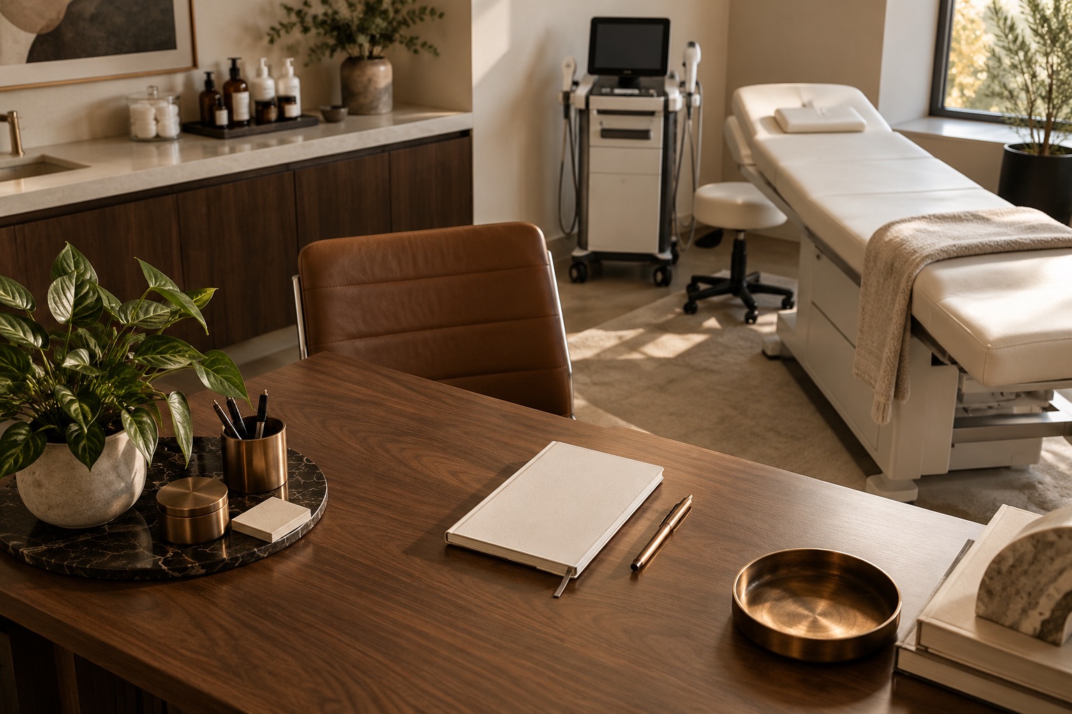 Salle de consultation vide, illustration générée sans acte médical.