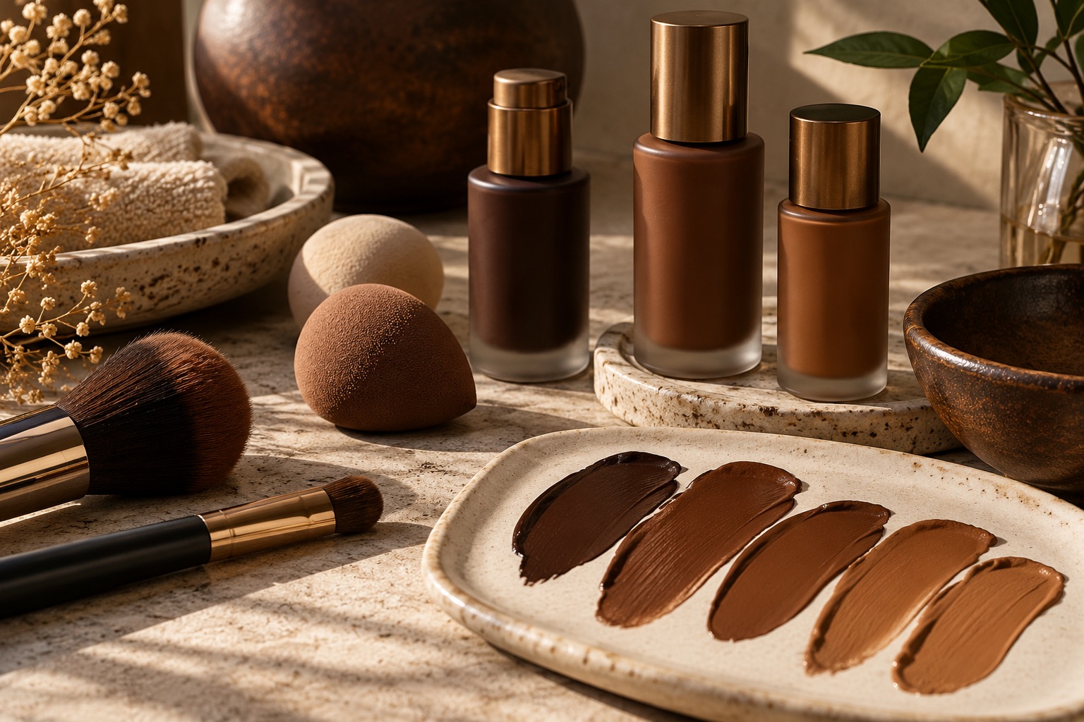 Accessoires de maquillage et teintes brunes sur une palette, illustration générée.