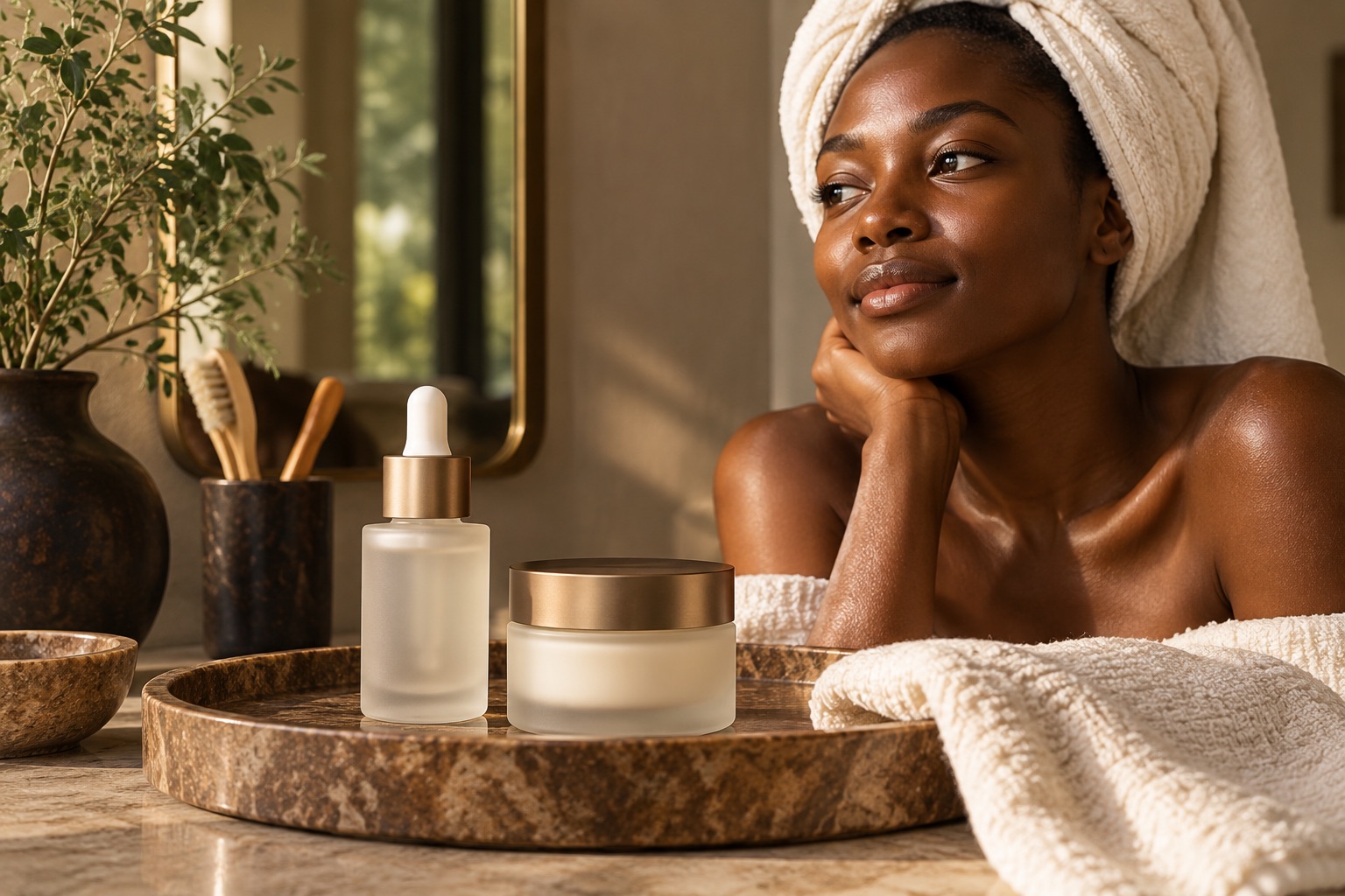 Scène éditoriale générée autour des soins et des peaux noires ; aucune personne réelle représentée.