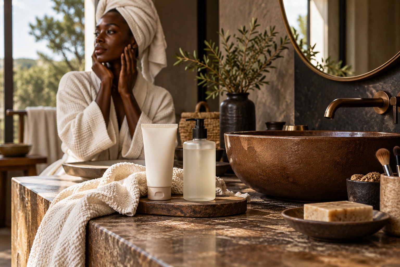 Scène éditoriale générée autour des soins et des peaux noires ; aucune personne réelle représentée.