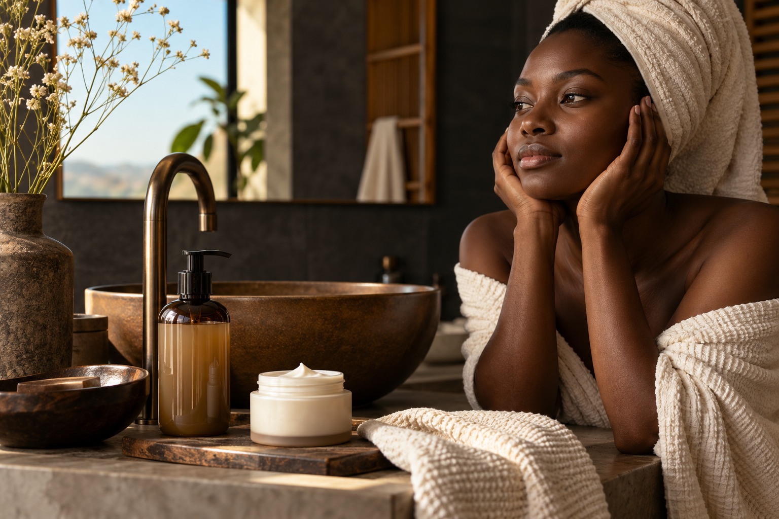 Scène éditoriale générée autour des soins et des peaux noires ; aucune personne réelle représentée.