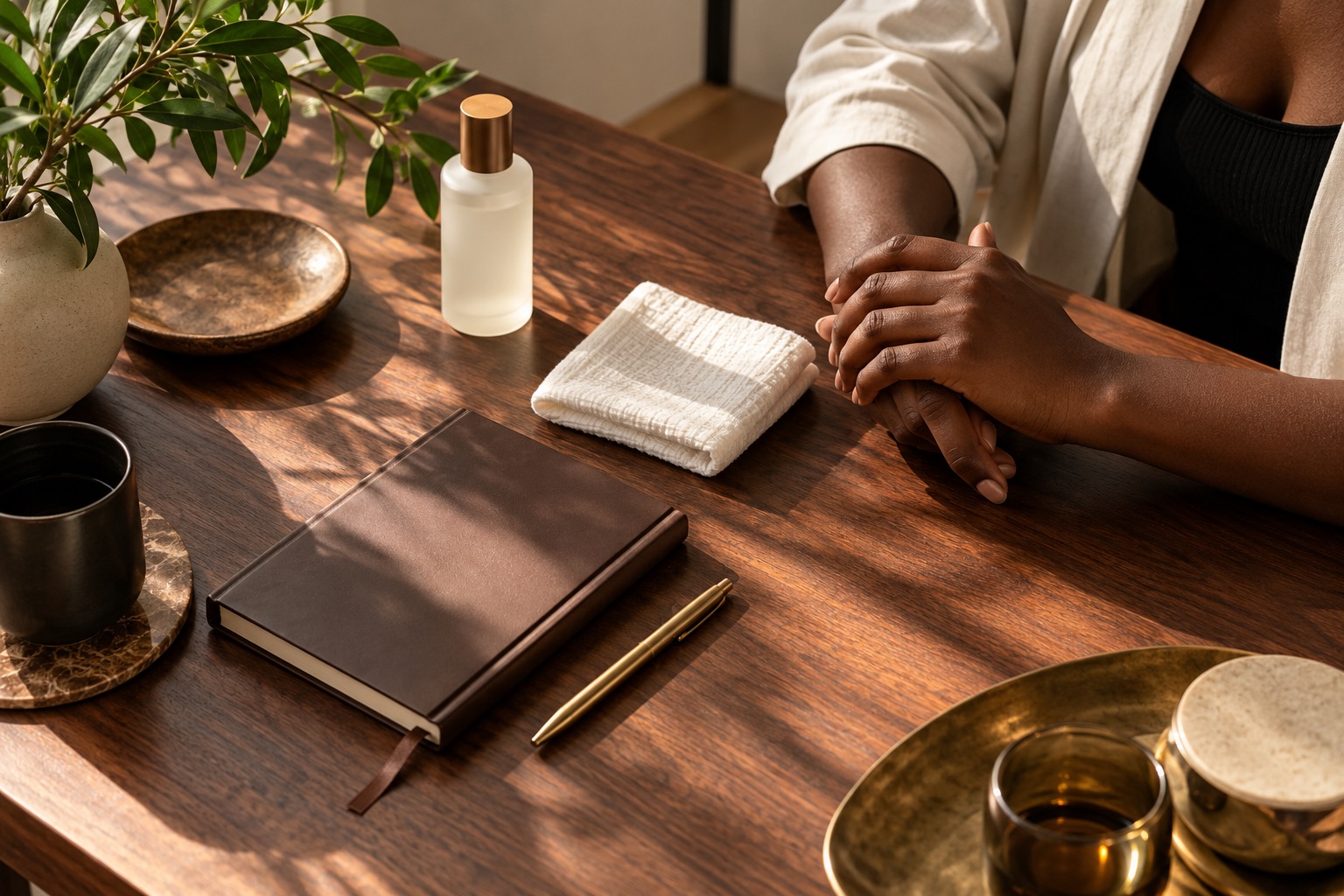 Carnet et objets disposés sur une table, illustration éditoriale générée.