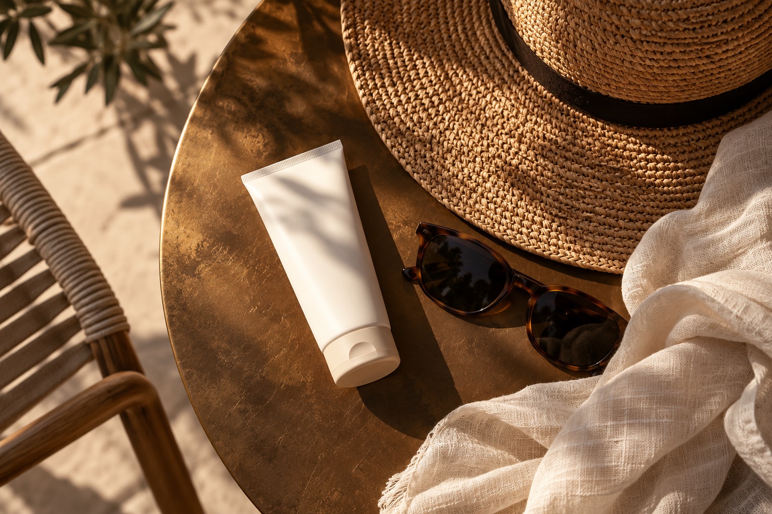 Chapeau, lunettes et tube sans marque, illustration générée sur la protection solaire.
