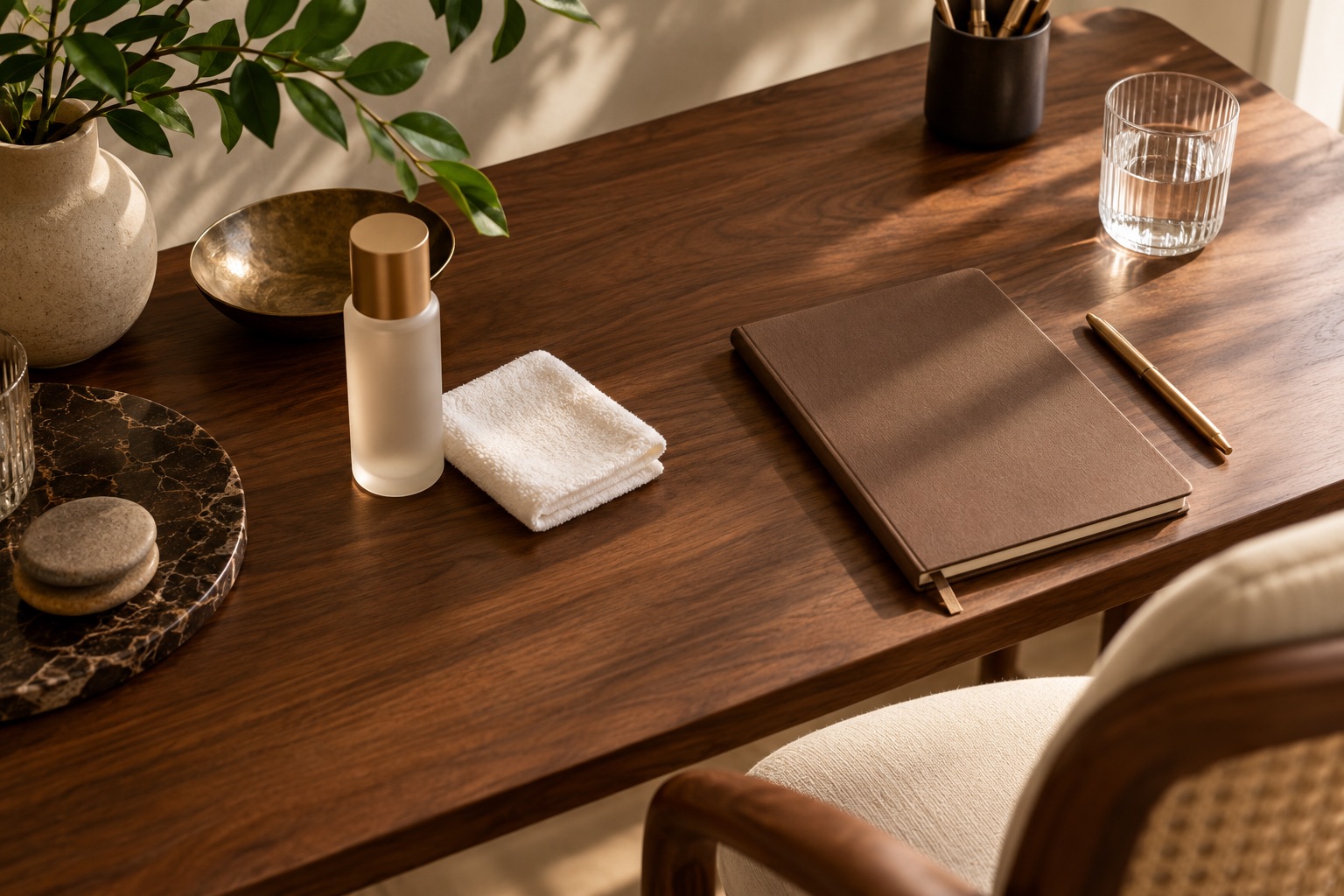 Carnet et objets disposés sur une table, illustration éditoriale générée.