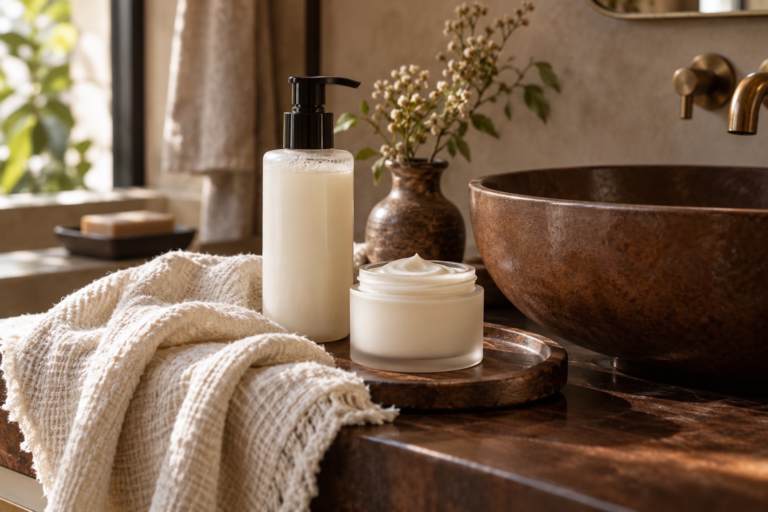 Produits de soin sans marque et linge doux, illustration éditoriale générée.