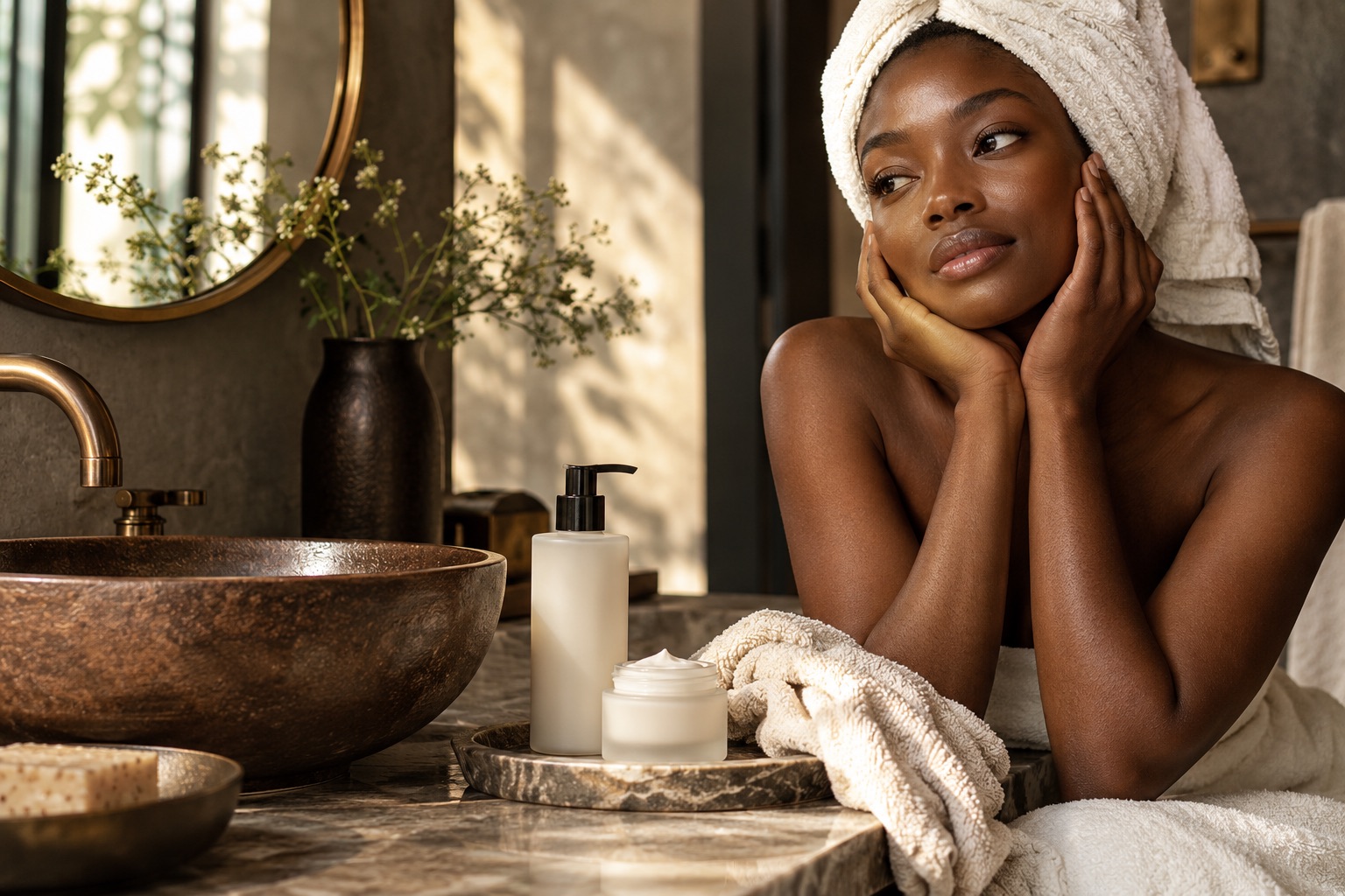 Scène éditoriale générée autour des soins et des peaux noires ; aucune personne réelle représentée.