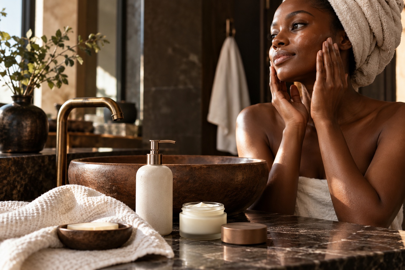 Scène éditoriale générée autour des soins et des peaux noires ; aucune personne réelle représentée.