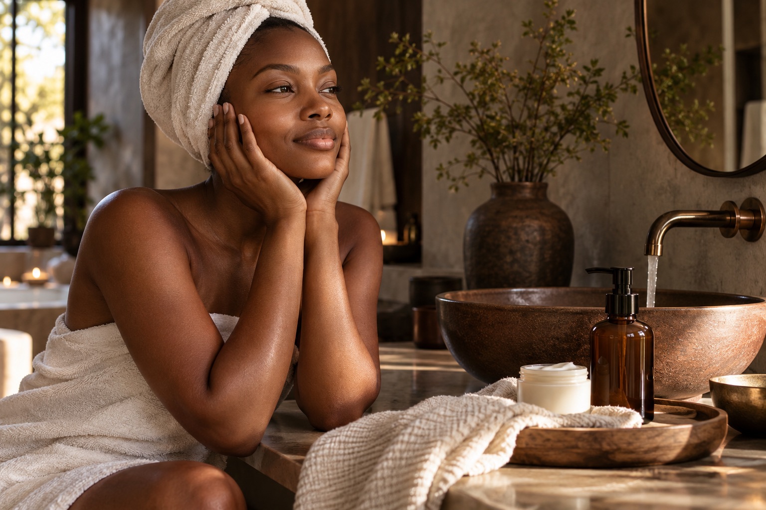 Scène éditoriale générée autour des soins et des peaux noires ; aucune personne réelle représentée.