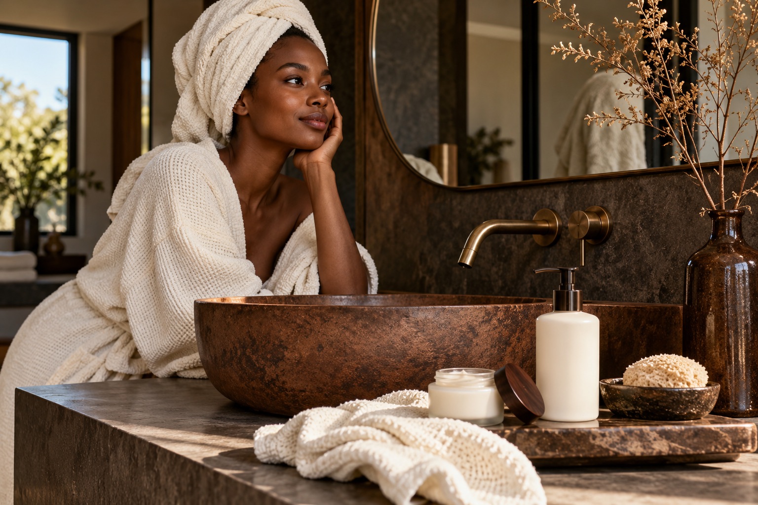 Scène éditoriale générée autour des soins et des peaux noires ; aucune personne réelle représentée.