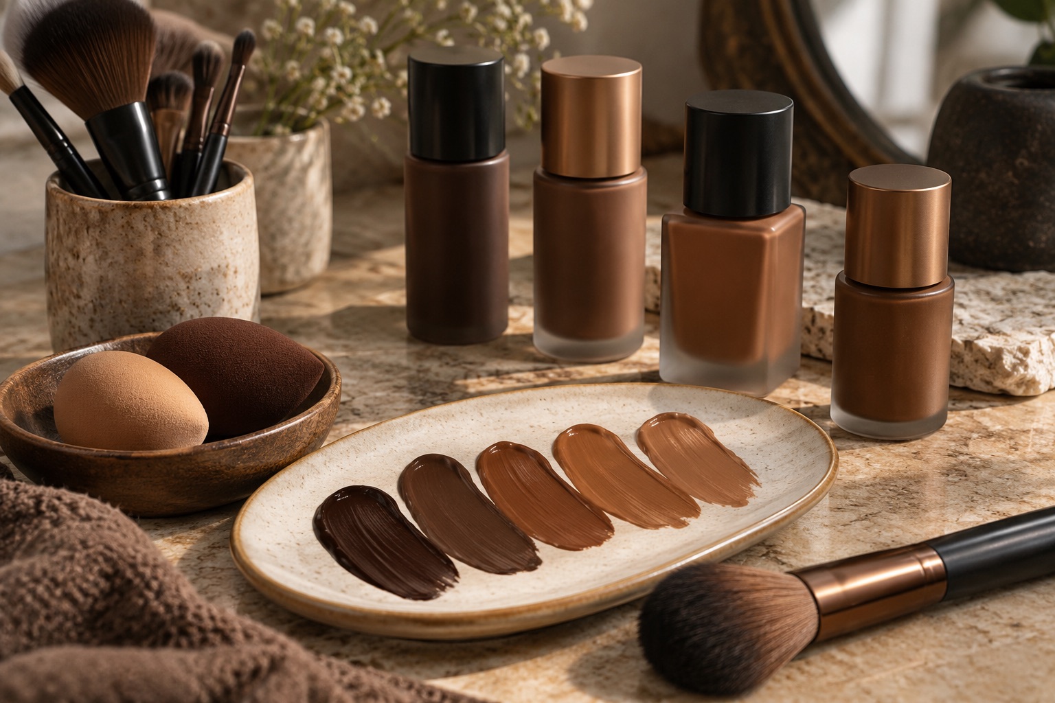 Accessoires de maquillage et teintes brunes sur une palette, illustration générée.