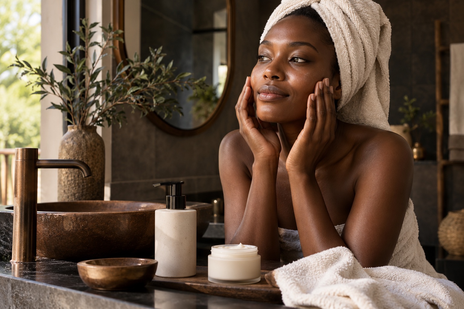 Scène éditoriale générée autour des soins et des peaux noires ; aucune personne réelle représentée.