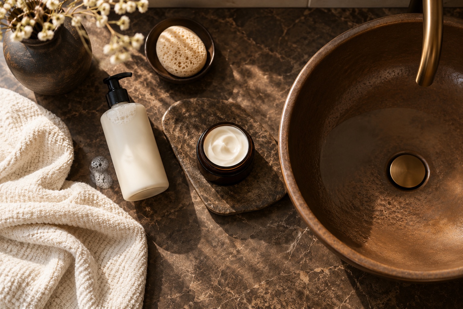 Produits de soin sans marque et linge doux, illustration éditoriale générée.