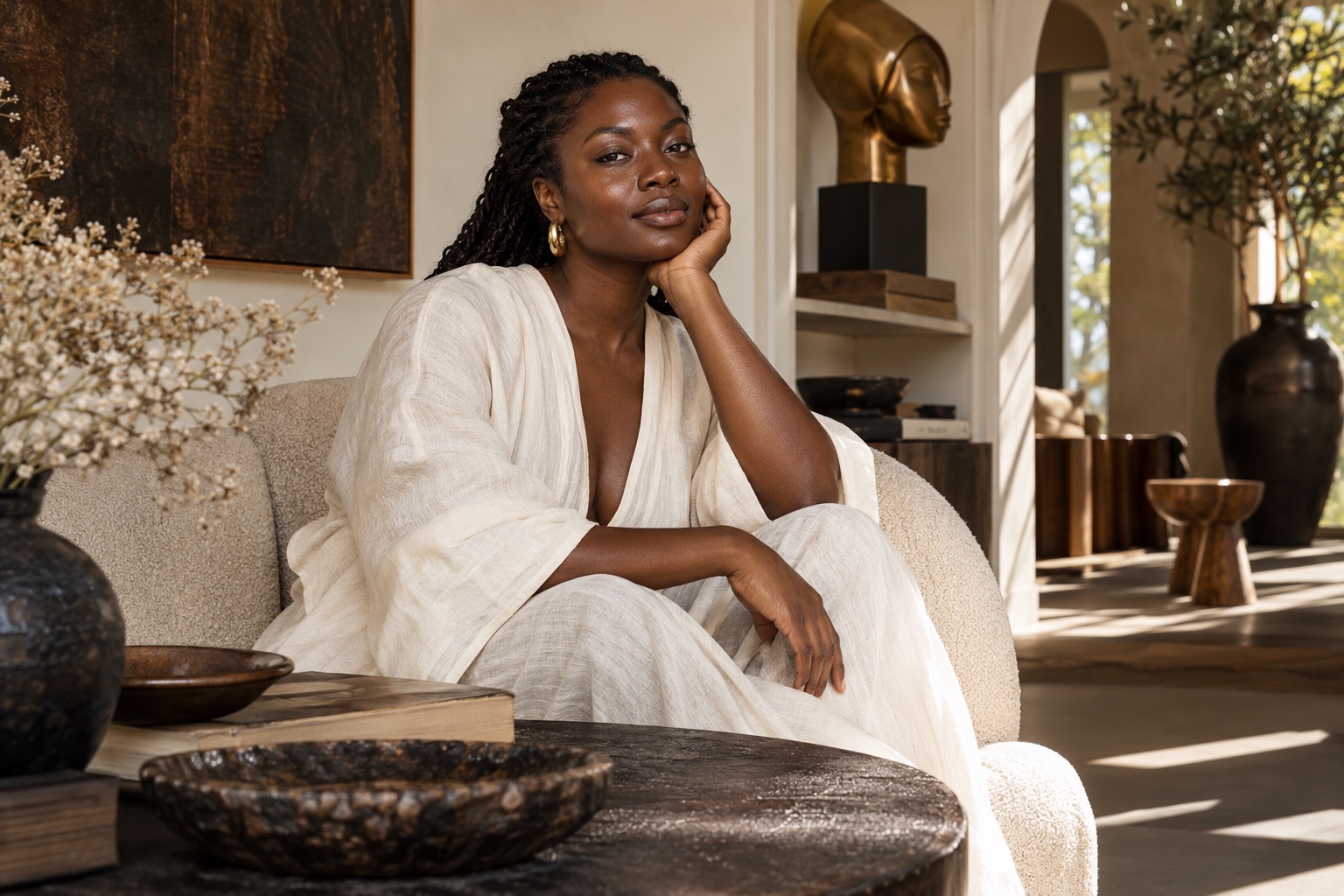 Scène éditoriale générée autour des soins et des peaux noires ; aucune personne réelle représentée.