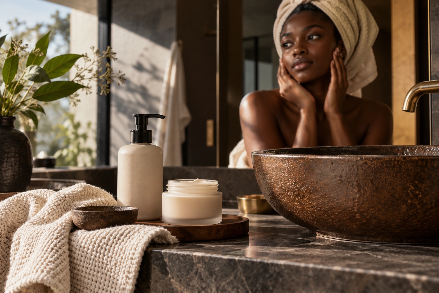 Scène éditoriale générée autour des soins et des peaux noires ; aucune personne réelle représentée.